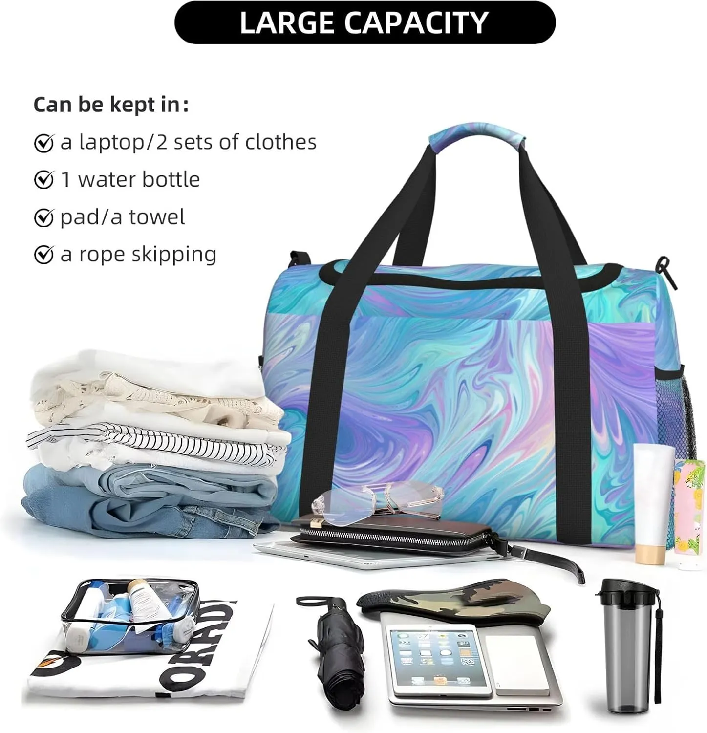 Blue Purple Liquid Duffle Bag Foldable Travel Tote Bag Carry On Large Weekender Overnight Bags Waterproof Gym Bag For Women Men