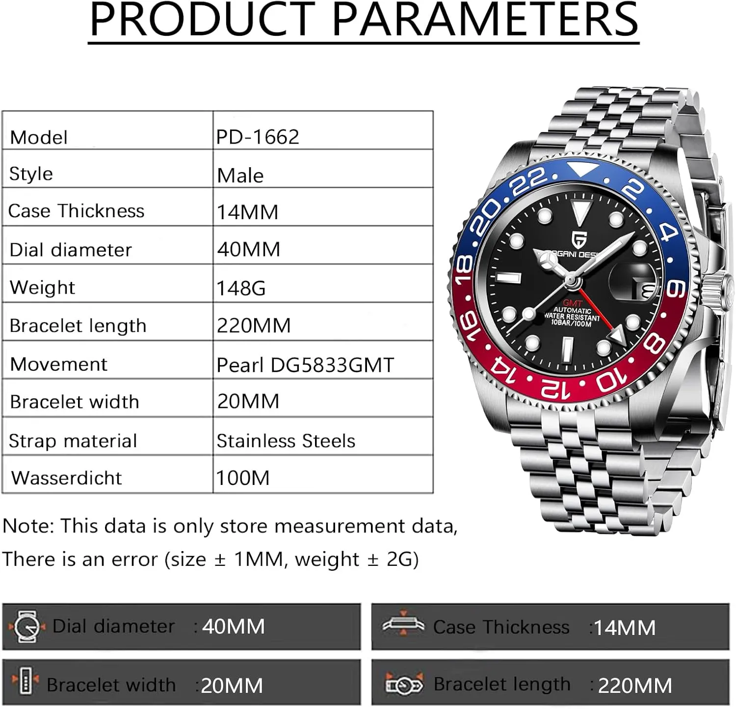 BY BENYAR Pagani Design Men GMT Automatic Watches-Fashion Stainless Steel Mechanical Watch-Sapphire Glass Lens Watch Men