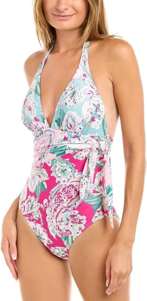 C2J434 Bellagio Paisley Scarf Tie One Piece Swimsuit (Multi 6), Multicolor,pink