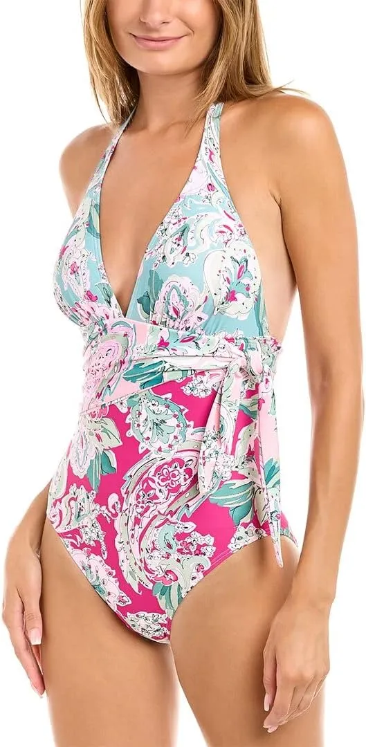 C2J434 Bellagio Paisley Scarf Tie One Piece Swimsuit (Multi 6), Multicolor,pink