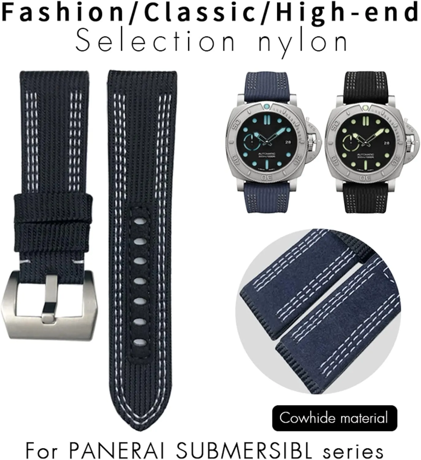 Canvas Leather Sport Watch Band，For Panerai Submersible Luminor PAM 24mm 26mm Series, Nylon Fabric Watch Strap for 22/24mm Replacement Accessories