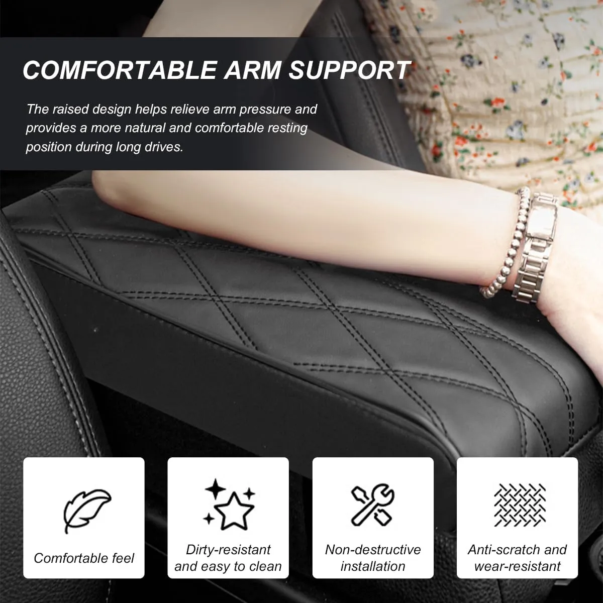 Car Center Console Box Booster Pad, 12.4"×8.5" Leather Memory Foam Console Arm Rest Cover Relieves Arm Fatigue, Non-Slip Diamond Lattice Car Armrest Pillow for Most Vehicle (Beige)