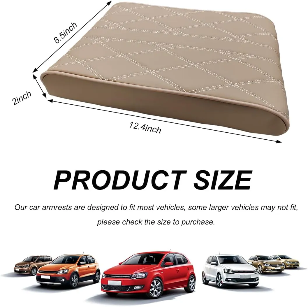 Car Center Console Box Booster Pad, 12.4"×8.5" Leather Memory Foam Console Arm Rest Cover Relieves Arm Fatigue, Non-Slip Diamond Lattice Car Armrest Pillow for Most Vehicle (Beige)