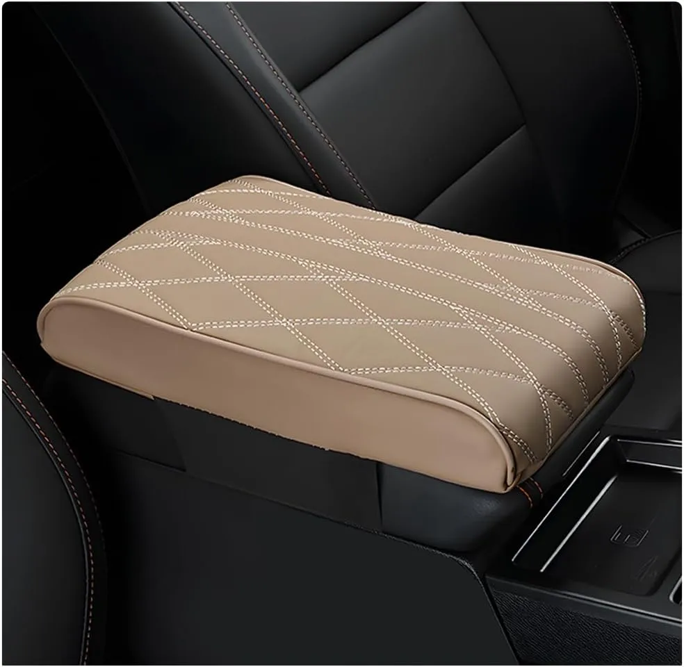Car Center Console Box Booster Pad, 12.4"×8.5" Leather Memory Foam Console Arm Rest Cover Relieves Arm Fatigue, Non-Slip Diamond Lattice Car Armrest Pillow for Most Vehicle (Beige)