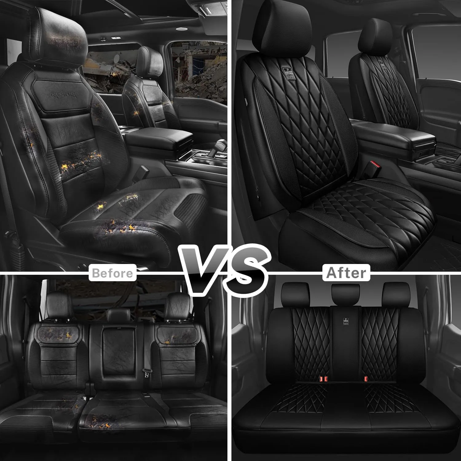 CAR PASS 5 Seats Piping Luxury Faux Leather Seat Covers Full Set, Anti-Slip Waterproof Seat Covers Compatible with Front Armrests, Universal Fit for Suvs,Vans,Trucks,Airbag Compatible, Pure Black