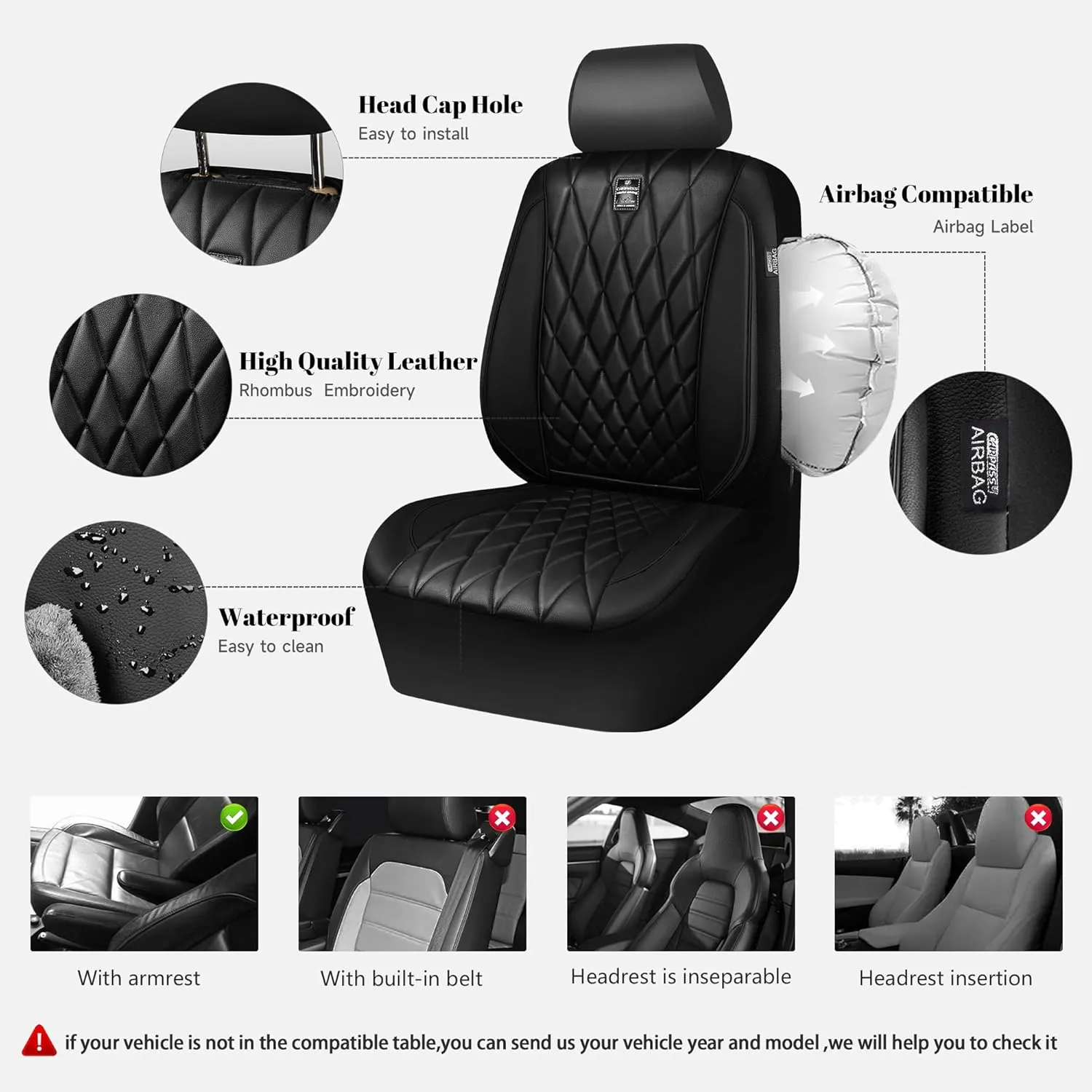 CAR PASS 5 Seats Piping Luxury Faux Leather Seat Covers Full Set, Anti-Slip Waterproof Seat Covers Compatible with Front Armrests, Universal Fit for Suvs,Vans,Trucks,Airbag Compatible, Pure Black