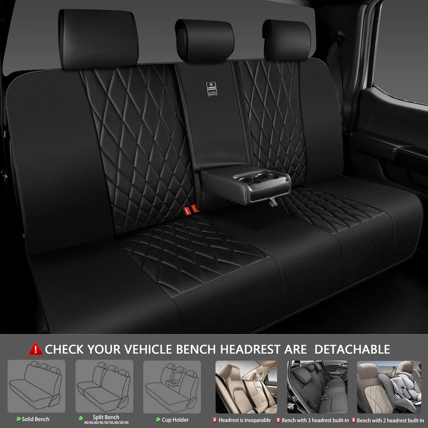 CAR PASS 5 Seats Piping Luxury Faux Leather Seat Covers Full Set, Anti-Slip Waterproof Seat Covers Compatible with Front Armrests, Universal Fit for Suvs,Vans,Trucks,Airbag Compatible, Pure Black
