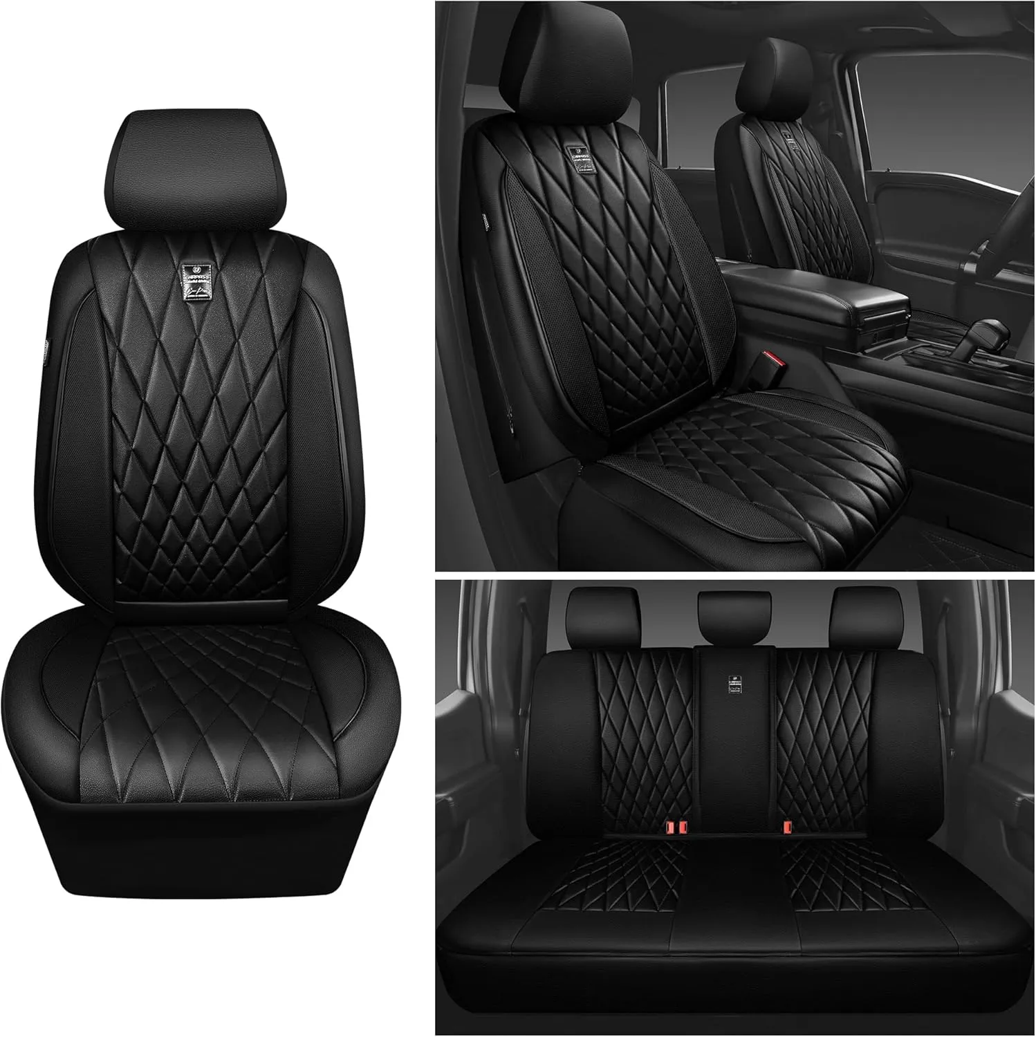 CAR PASS 5 Seats Piping Luxury Faux Leather Seat Covers Full Set, Anti-Slip Waterproof Seat Covers Compatible with Front Armrests, Universal Fit for Suvs,Vans,Trucks,Airbag Compatible, Pure Black