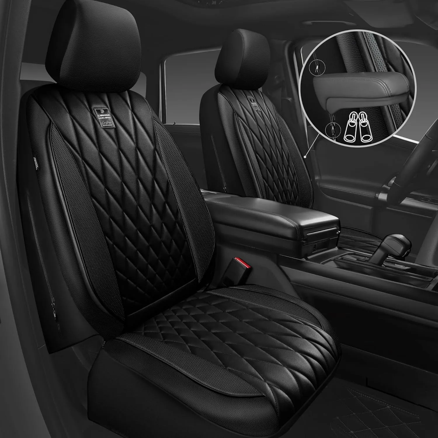CAR PASS 5 Seats Piping Luxury Faux Leather Seat Covers Full Set, Anti-Slip Waterproof Seat Covers Compatible with Front Armrests, Universal Fit for Suvs,Vans,Trucks,Airbag Compatible, Pure Black
