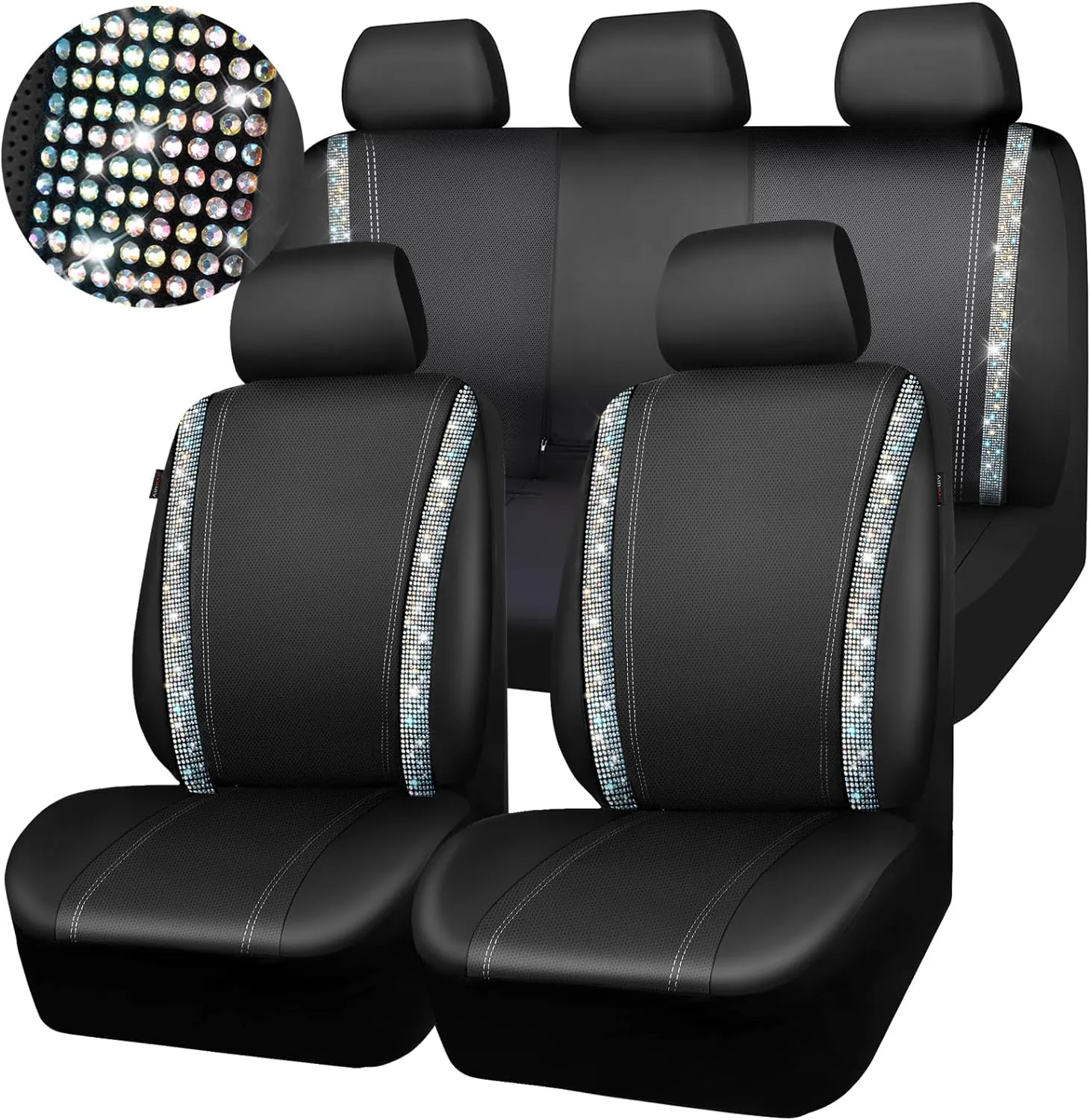 CAR PASS Bling Car Seat Cover Full Set, Shining Rhinestone Diamond Waterproof Leather, Rear with Zipper, Universal Fit 95% Automotive Glitter Sparkle Crystal for Cute Women Girl, Colorful Diamond