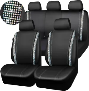 CAR PASS Bling Car Seat Cover Full Set, Shining Rhinestone Diamond Waterproof Leather, Rear with Zipper, Universal Fit 95% Automotive Glitter Sparkle Crystal for Cute Women Girl, Colorful Diamond