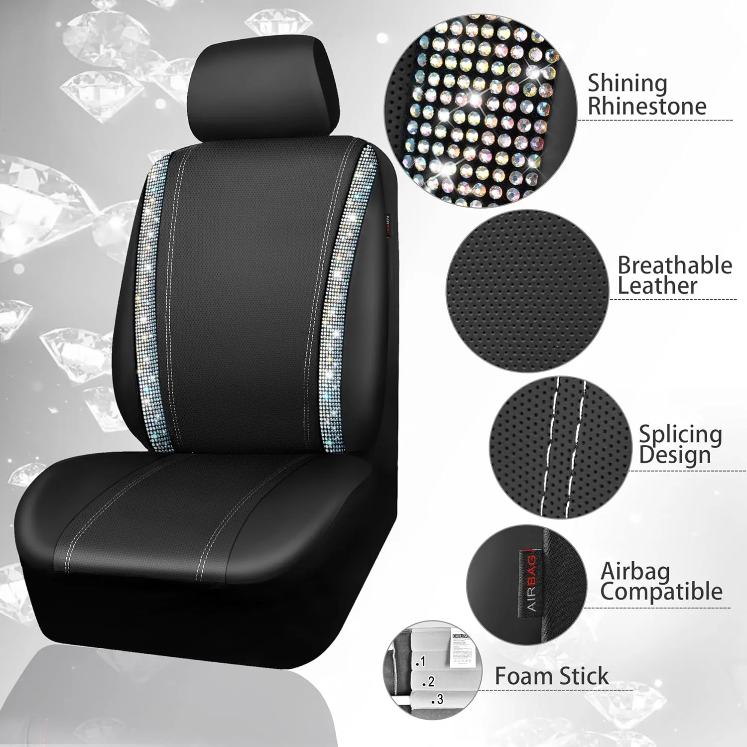 CAR PASS Bling Car Seat Cover Full Set, Shining Rhinestone Diamond Waterproof Leather, Rear with Zipper, Universal Fit 95% Automotive Glitter Sparkle Crystal for Cute Women Girl, Colorful Diamond
