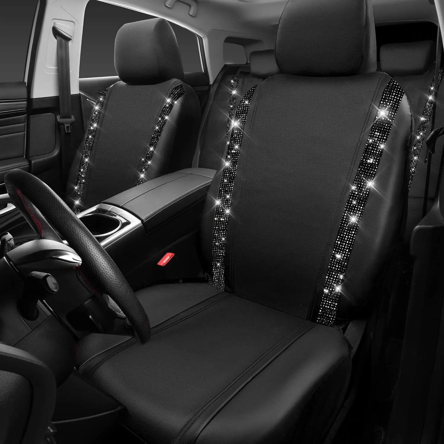 CAR PASS Bling Car Seat Covers, Shining Rhinestones Diamond Waterproof Faux Leather, 8 Seats 3 Rows with Zipper Glitter Crystal Sparkle Strips Universal Fit 95% MPV,SUV,CAR for Women Girl, Black