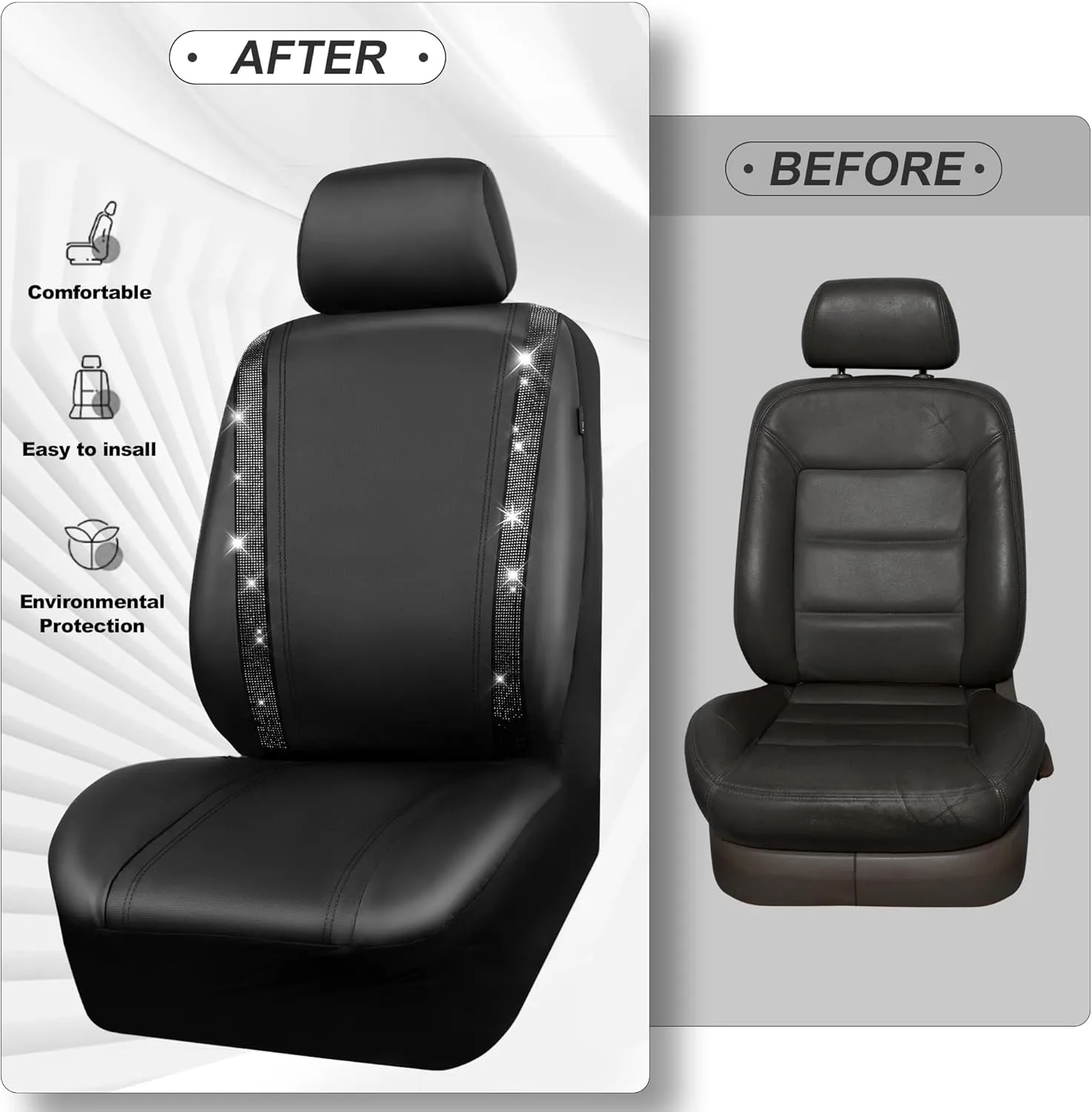 CAR PASS Bling Car Seat Covers, Shining Rhinestones Diamond Waterproof Faux Leather, 8 Seats 3 Rows with Zipper Glitter Crystal Sparkle Strips Universal Fit 95% MPV,SUV,CAR for Women Girl, Black