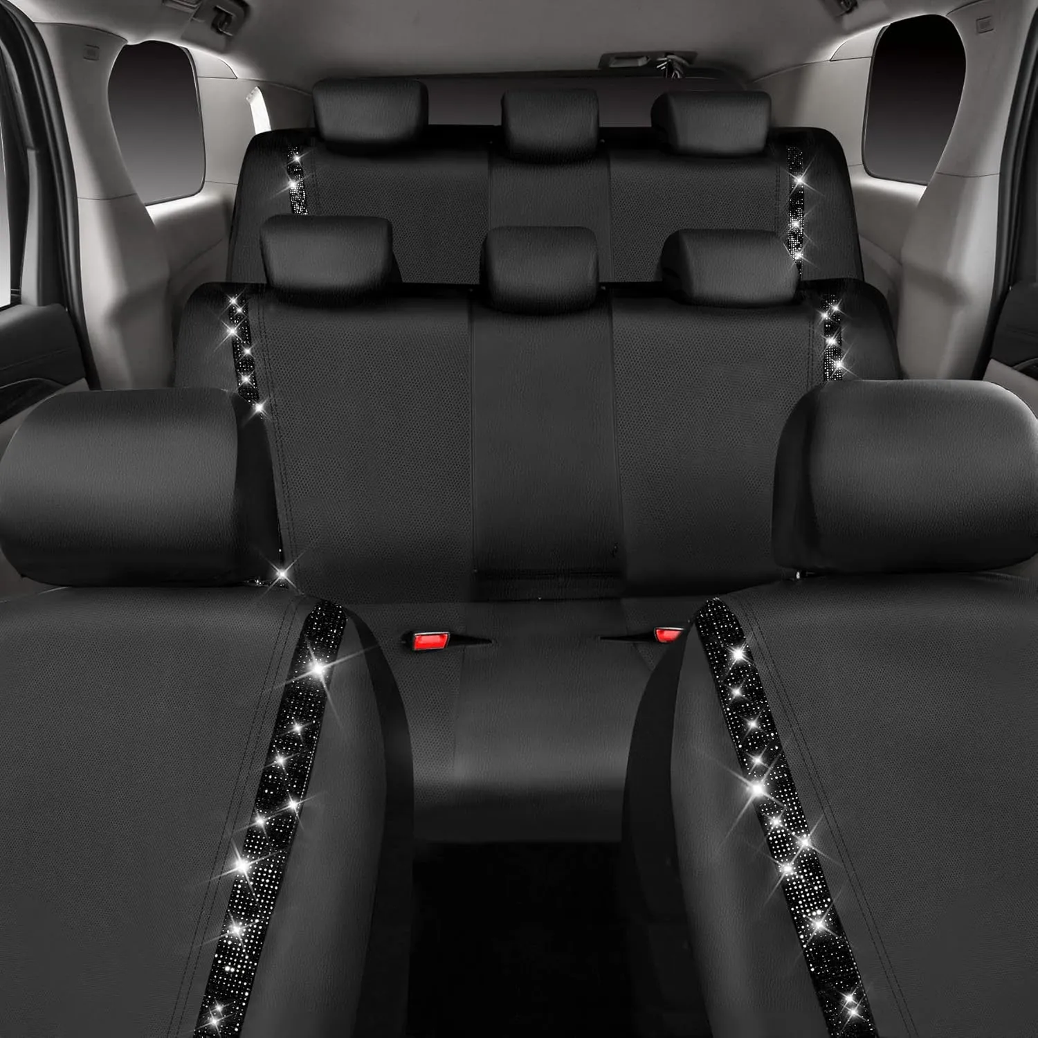 CAR PASS Bling Car Seat Covers, Shining Rhinestones Diamond Waterproof Faux Leather, 8 Seats 3 Rows with Zipper Glitter Crystal Sparkle Strips Universal Fit 95% MPV,SUV,CAR for Women Girl, Black