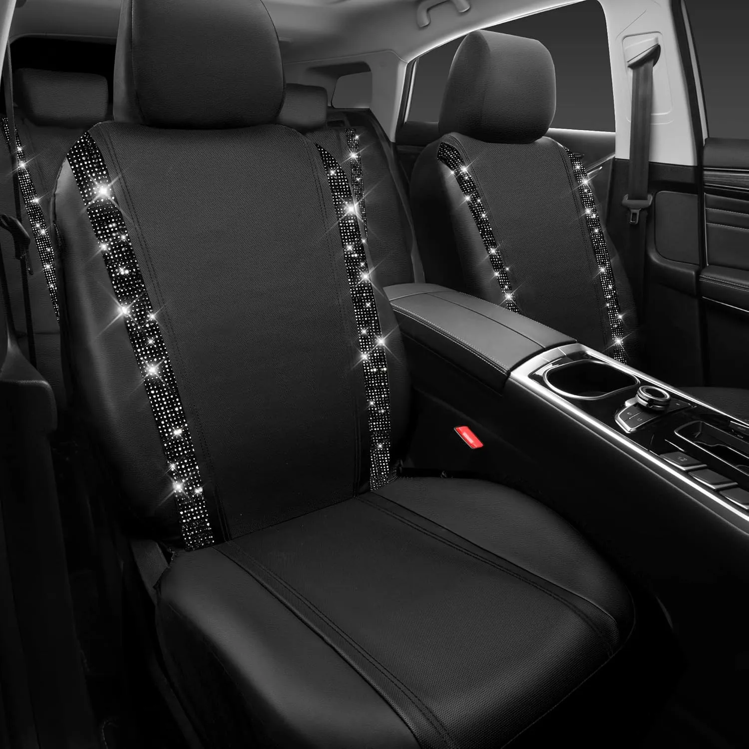 CAR PASS Bling Car Seat Covers, Shining Rhinestones Diamond Waterproof Faux Leather, 8 Seats 3 Rows with Zipper Glitter Crystal Sparkle Strips Universal Fit 95% MPV,SUV,CAR for Women Girl, Black