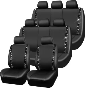 CAR PASS Bling Car Seat Covers, Shining Rhinestones Diamond Waterproof Faux Leather, 8 Seats 3 Rows with Zipper Glitter Crystal Sparkle Strips Universal Fit 95% MPV,SUV,CAR for Women Girl, Black