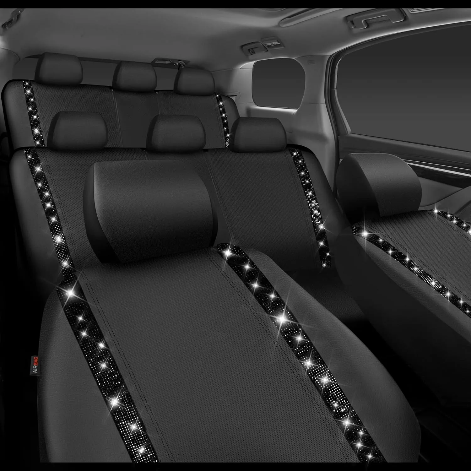 CAR PASS Bling Car Seat Covers, Shining Rhinestones Diamond Waterproof Faux Leather, 8 Seats 3 Rows with Zipper Glitter Crystal Sparkle Strips Universal Fit 95% MPV,SUV,CAR for Women Girl, Black
