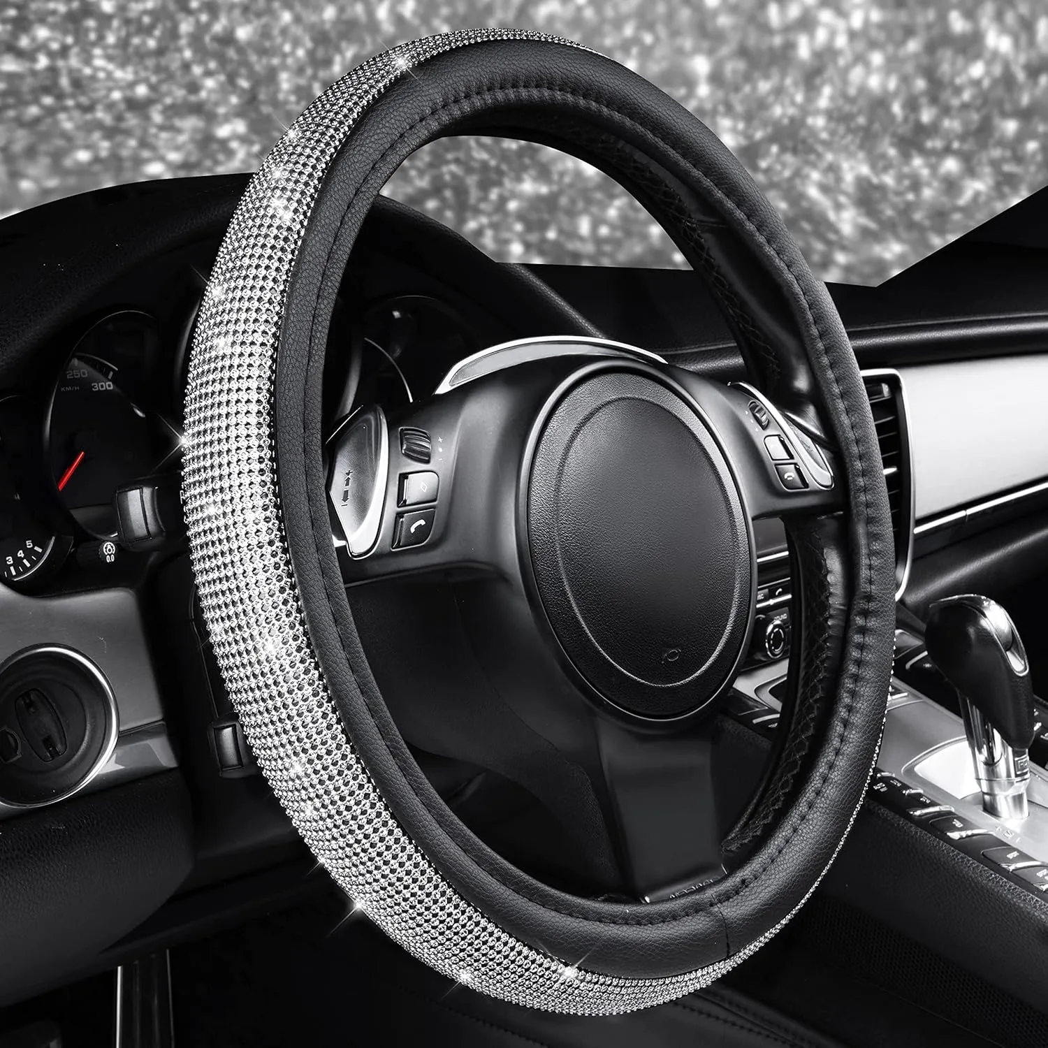 CAR PASS Bling Diamond Leather Steering Wheel Cover, with Bling Sparkly Crystal Glitter Rhinestones Universal Fit 14.5in-15in Car Wheel Protector for Women Girl Fit Suvs,Vans,Sedans,Car,Trucks, Silver