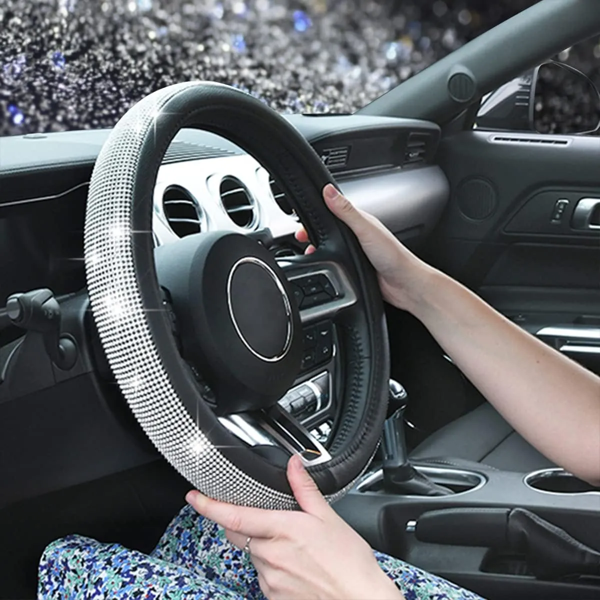CAR PASS Bling Diamond Leather Steering Wheel Cover, with Bling Sparkly Crystal Glitter Rhinestones Universal Fit 14.5in-15in Car Wheel Protector for Women Girl Fit Suvs,Vans,Sedans,Car,Trucks, Silver
