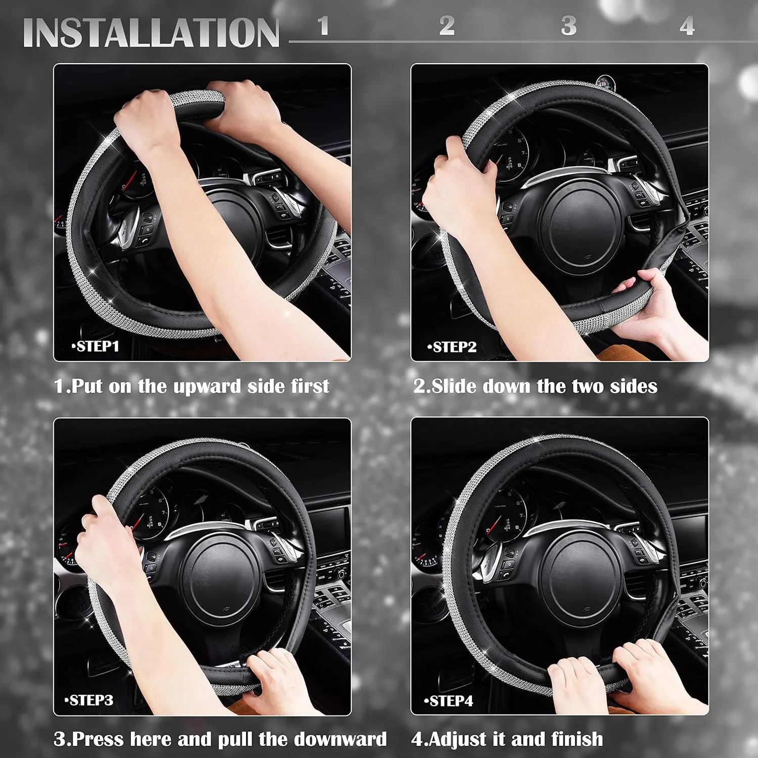CAR PASS Bling Diamond Leather Steering Wheel Cover, with Bling Sparkly Crystal Glitter Rhinestones Universal Fit 14.5in-15in Car Wheel Protector for Women Girl Fit Suvs,Vans,Sedans,Car,Trucks, Silver