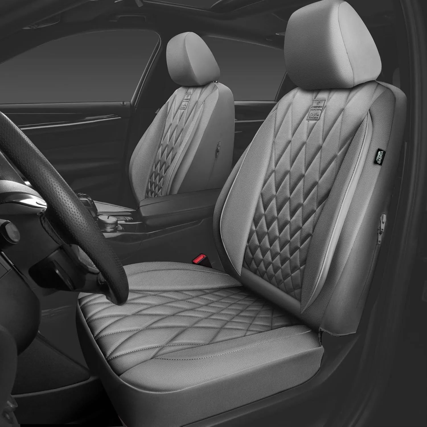 CAR PASS Piping Luxury PU Leather Two Front Car Seat Covers, Waterproof Anti Slip Seat Covers Compatible with Front Seat Armrests,Universal Fit for Suvs,Vans,Trucks,Airbag Compatible(All Gray)