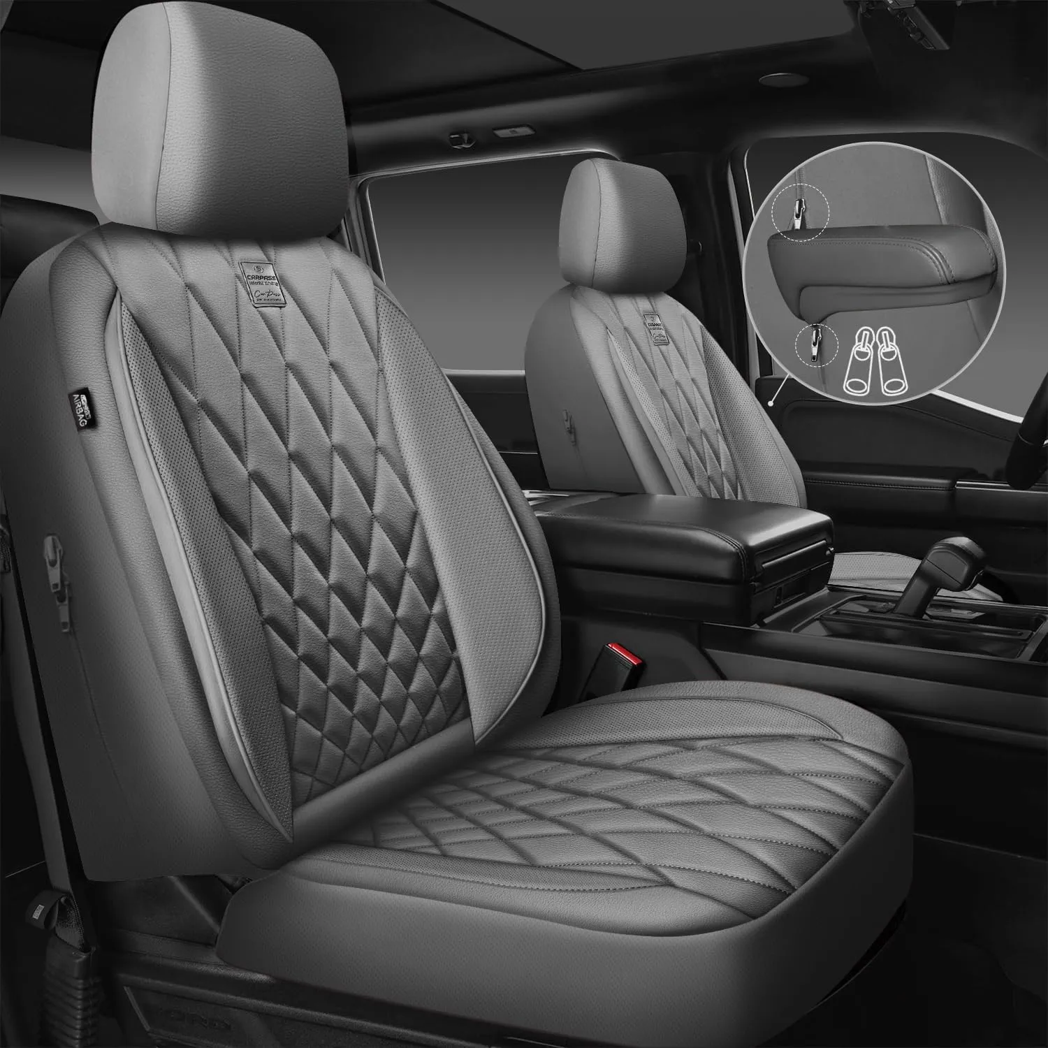 CAR PASS Piping Luxury PU Leather Two Front Car Seat Covers, Waterproof Anti Slip Seat Covers Compatible with Front Seat Armrests,Universal Fit for Suvs,Vans,Trucks,Airbag Compatible(All Gray)