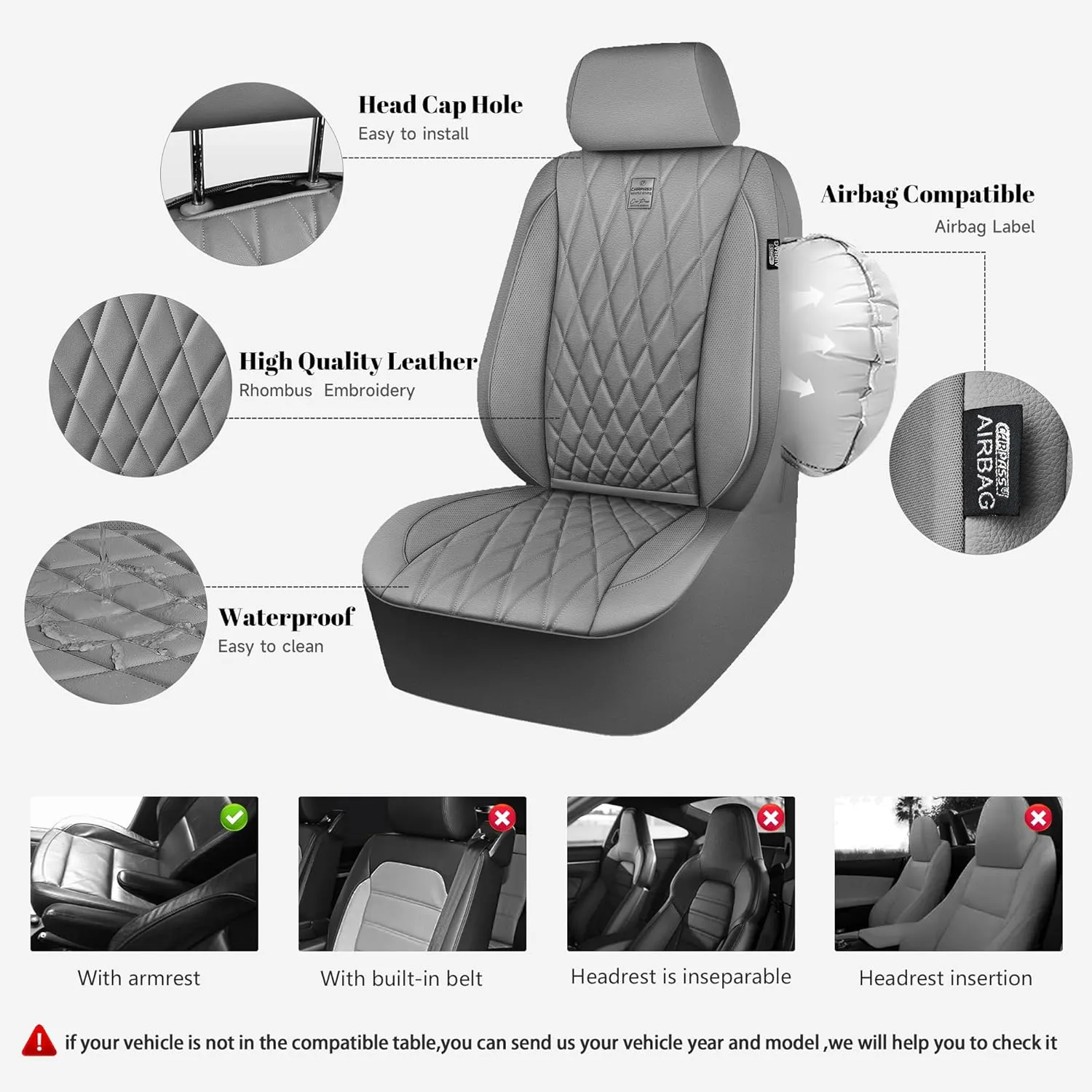 CAR PASS Piping Luxury PU Leather Two Front Car Seat Covers, Waterproof Anti Slip Seat Covers Compatible with Front Seat Armrests,Universal Fit for Suvs,Vans,Trucks,Airbag Compatible(All Gray)