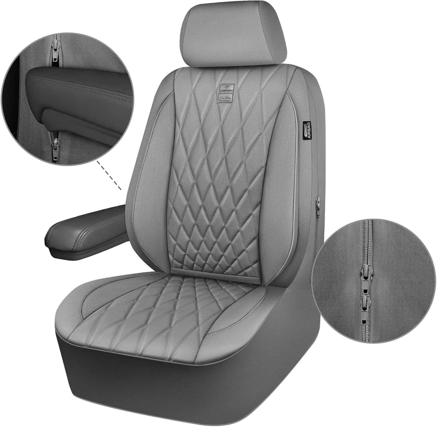 CAR PASS Piping Luxury PU Leather Two Front Car Seat Covers, Waterproof Anti Slip Seat Covers Compatible with Front Seat Armrests,Universal Fit for Suvs,Vans,Trucks,Airbag Compatible(All Gray)