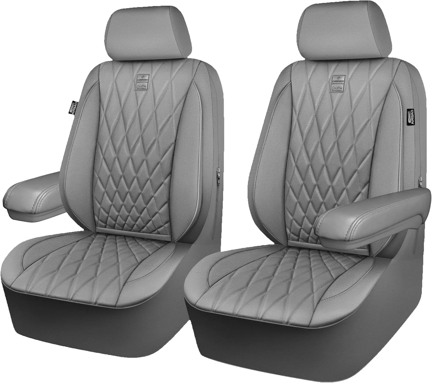 CAR PASS Piping Luxury PU Leather Two Front Car Seat Covers, Waterproof Anti Slip Seat Covers Compatible with Front Seat Armrests,Universal Fit for Suvs,Vans,Trucks,Airbag Compatible(All Gray)