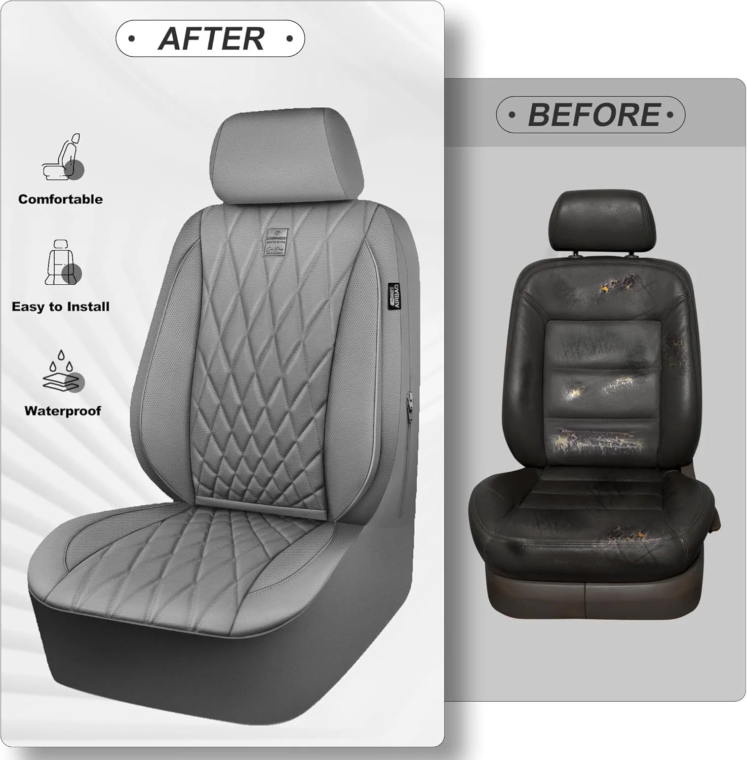 CAR PASS Piping Luxury PU Leather Two Front Car Seat Covers, Waterproof Anti Slip Seat Covers Compatible with Front Seat Armrests,Universal Fit for Suvs,Vans,Trucks,Airbag Compatible(All Gray)