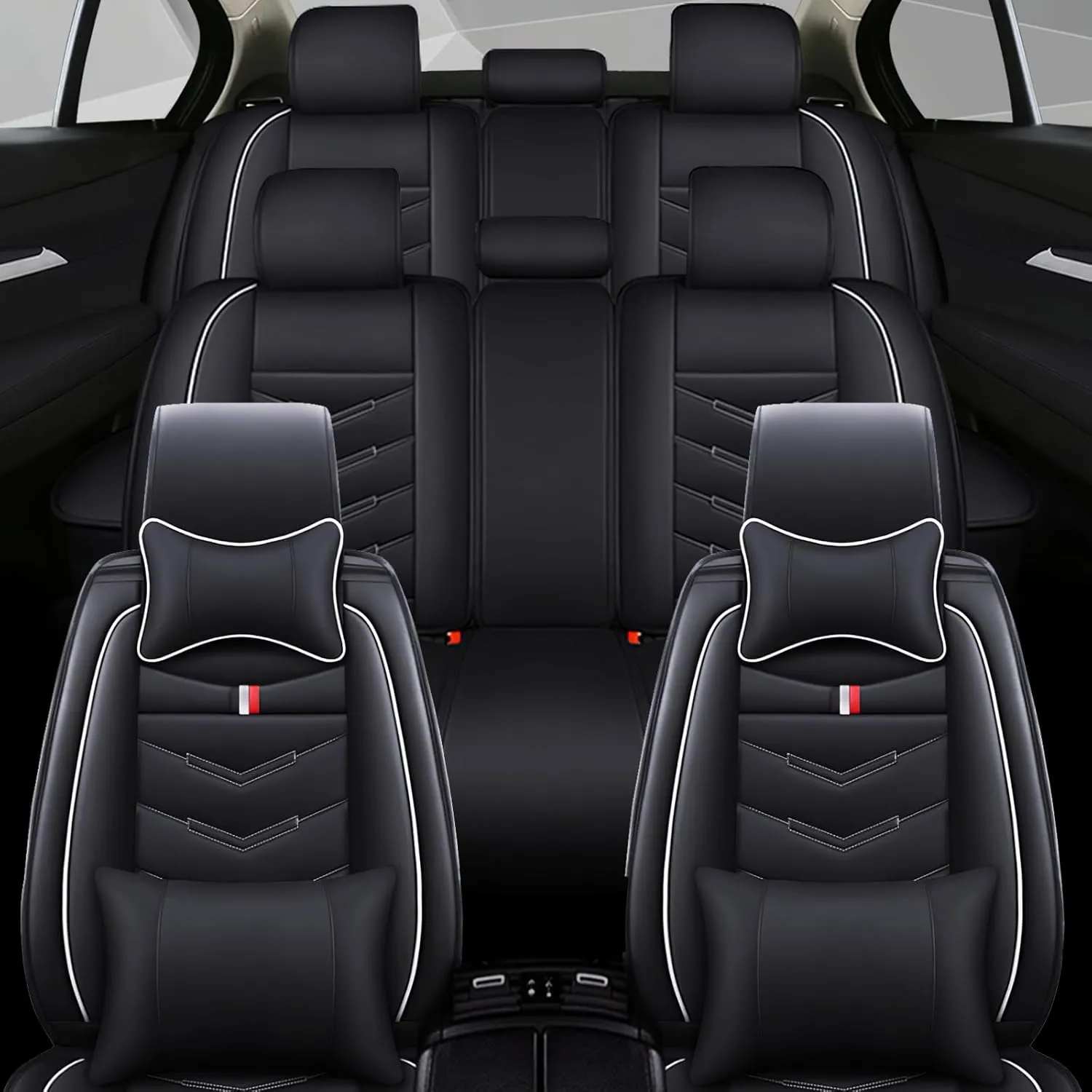 Car Seat Cover 8 Seats for Chevrolet Suburban 2000-2023, Waterproof Durable Compatible Airbag, Premium Leather Seat Protector(8 Seats Luxury,Black White)