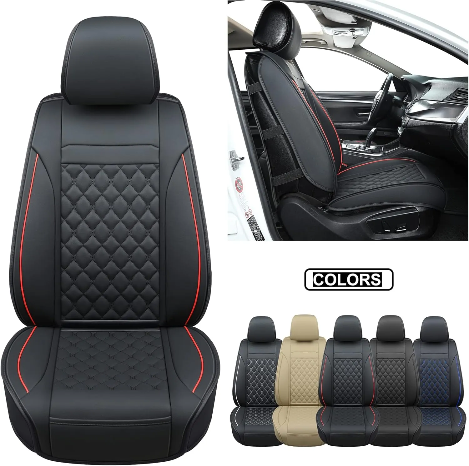 Car Seat Covers Front Pair,Universal Fit for Most Cars,SUV,Sedans and Pick-up Trucks,Automotive Faux Leather Vehicle Cushion Covers(Front Pair,Black/Red)