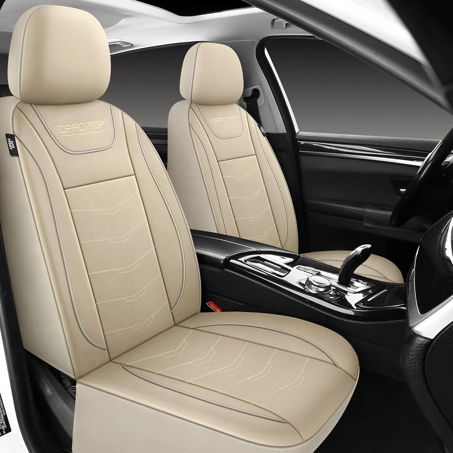 CAROMOP Luxury PU Leather Car Seat Covers Full Set,Waterproof Faux Leather Split Bench Seat Covers for Cars,Universal Car Interior Covers Seat Protectors for Sedans SUVs Pick-up Trucks(Beige/Beige)
