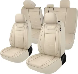 CAROMOP Luxury PU Leather Car Seat Covers Full Set,Waterproof Faux Leather Split Bench Seat Covers for Cars,Universal Car Interior Covers Seat Protectors for Sedans SUVs Pick-up Trucks(Beige/Beige)