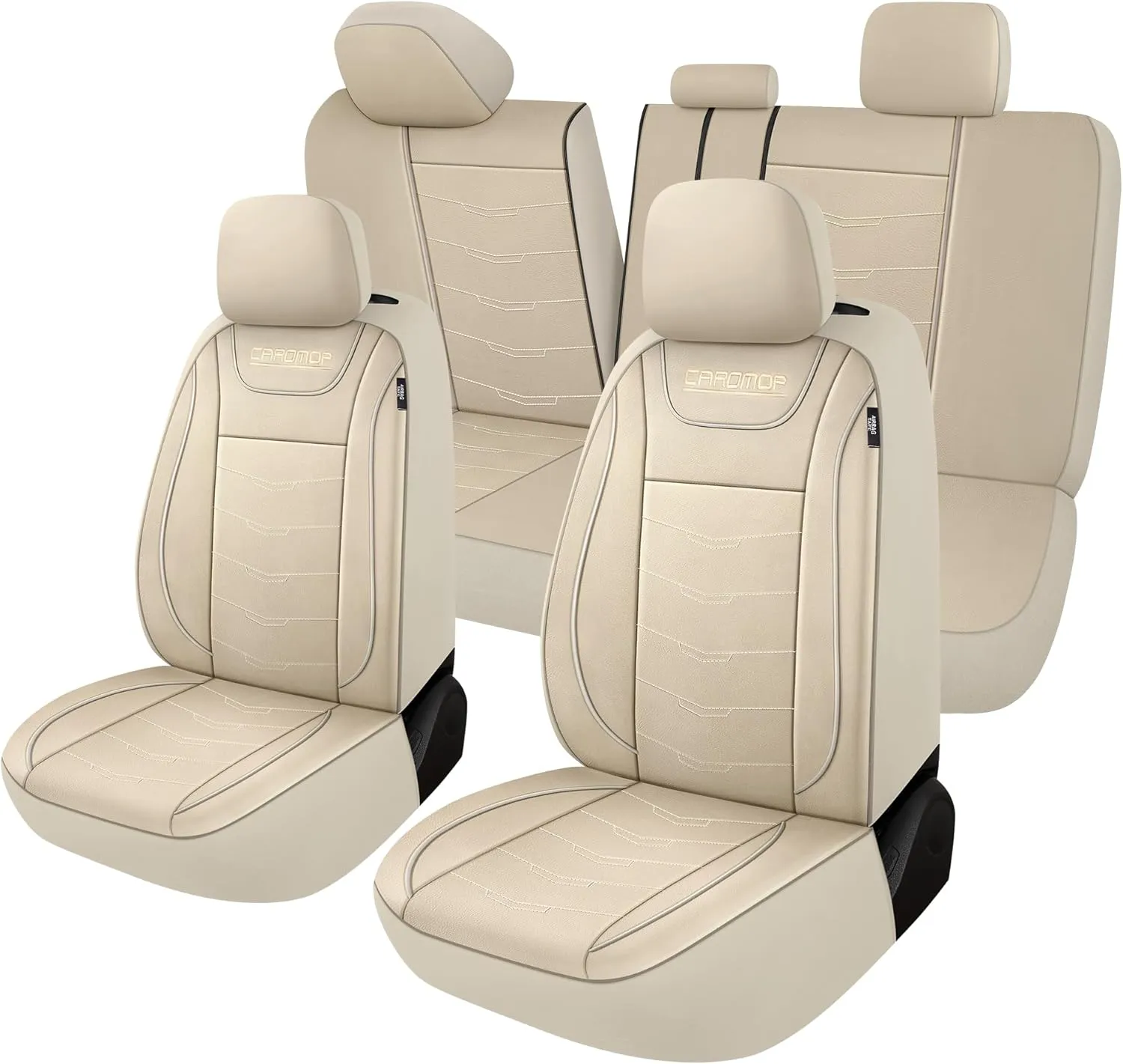 CAROMOP Luxury PU Leather Car Seat Covers Full Set,Waterproof Faux Leather Split Bench Seat Covers for Cars,Universal Car Interior Covers Seat Protectors for Sedans SUVs Pick-up Trucks(Beige/Beige)