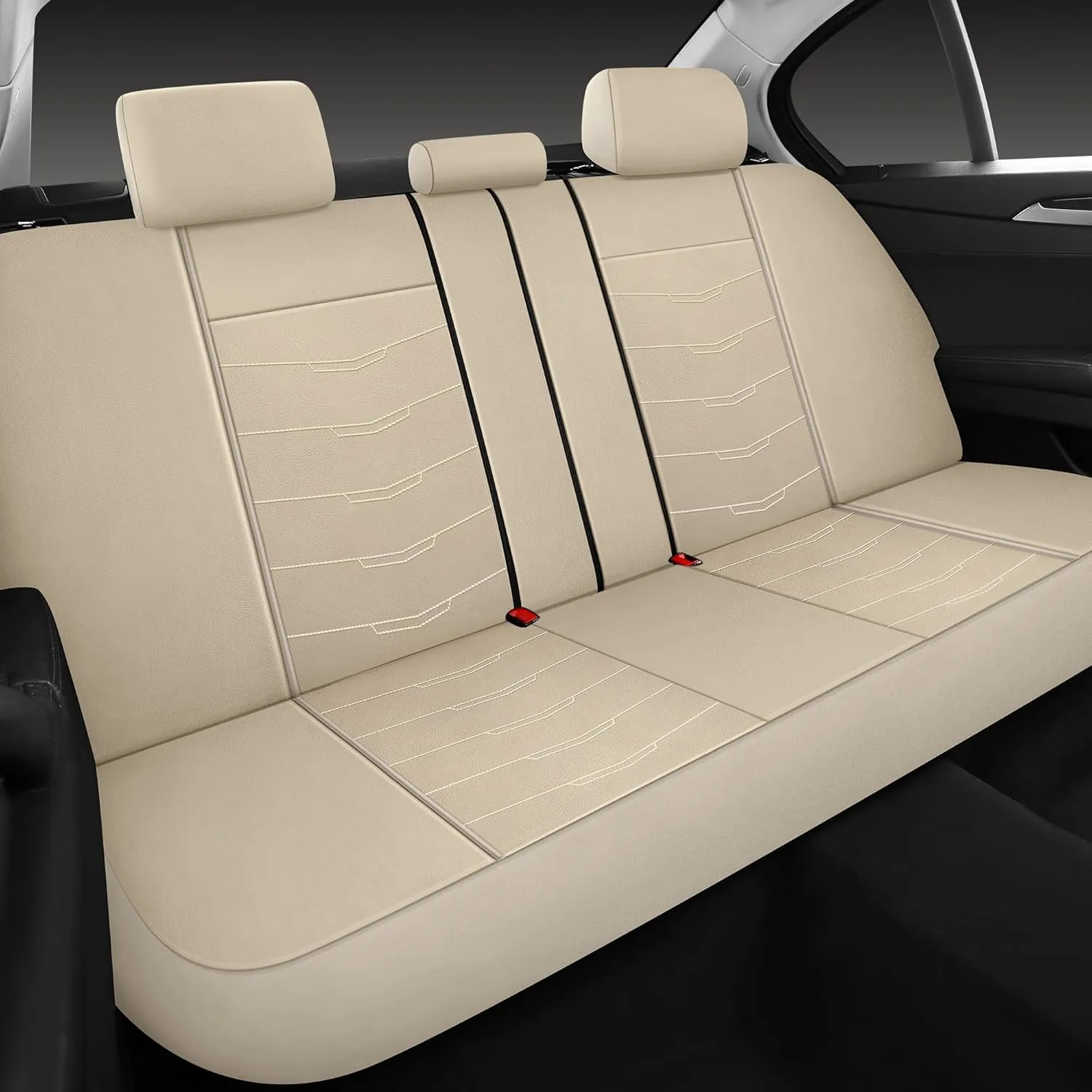 CAROMOP Luxury PU Leather Car Seat Covers Full Set,Waterproof Faux Leather Split Bench Seat Covers for Cars,Universal Car Interior Covers Seat Protectors for Sedans SUVs Pick-up Trucks(Beige/Beige)