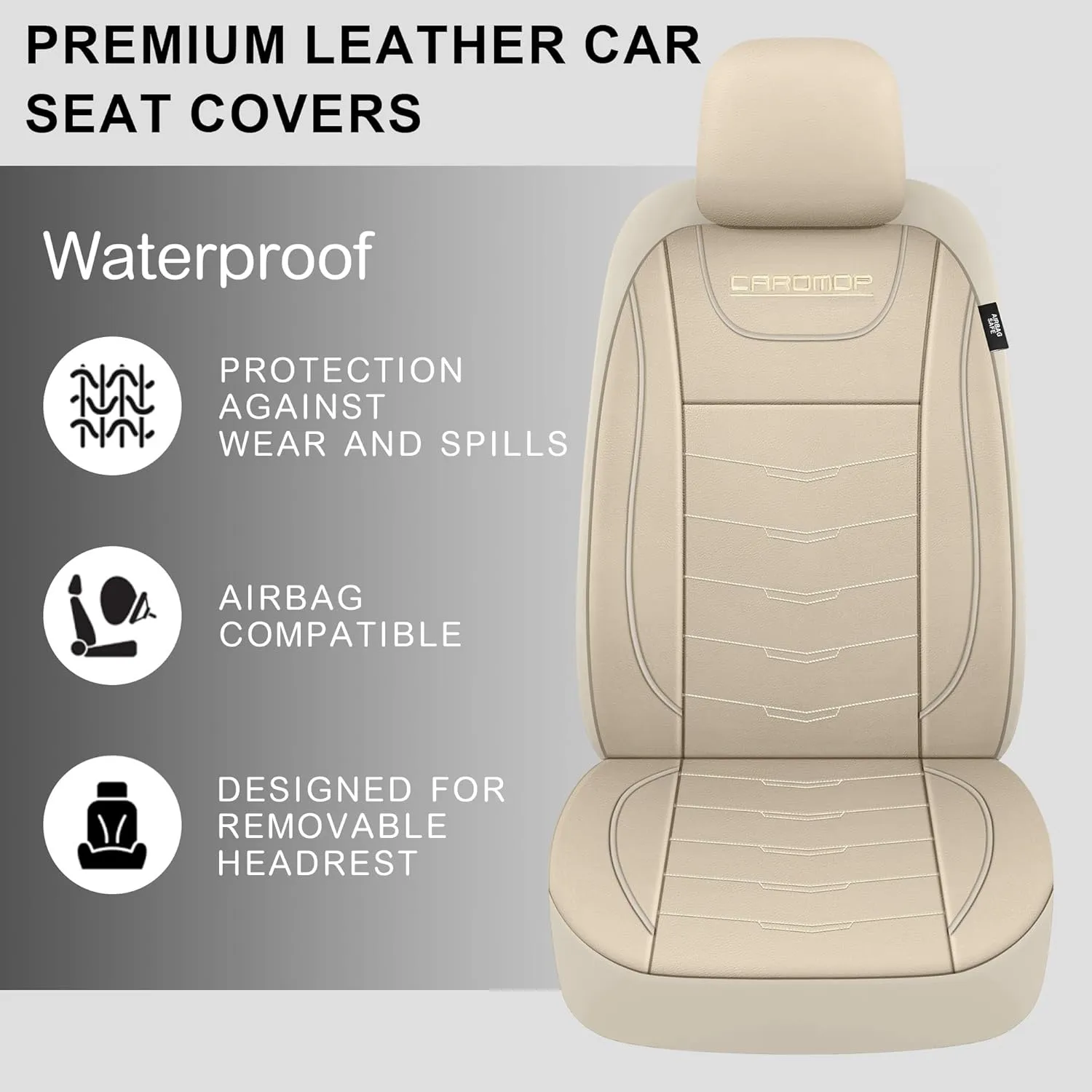 CAROMOP Luxury PU Leather Car Seat Covers Full Set,Waterproof Faux Leather Split Bench Seat Covers for Cars,Universal Car Interior Covers Seat Protectors for Sedans SUVs Pick-up Trucks(Beige/Beige)