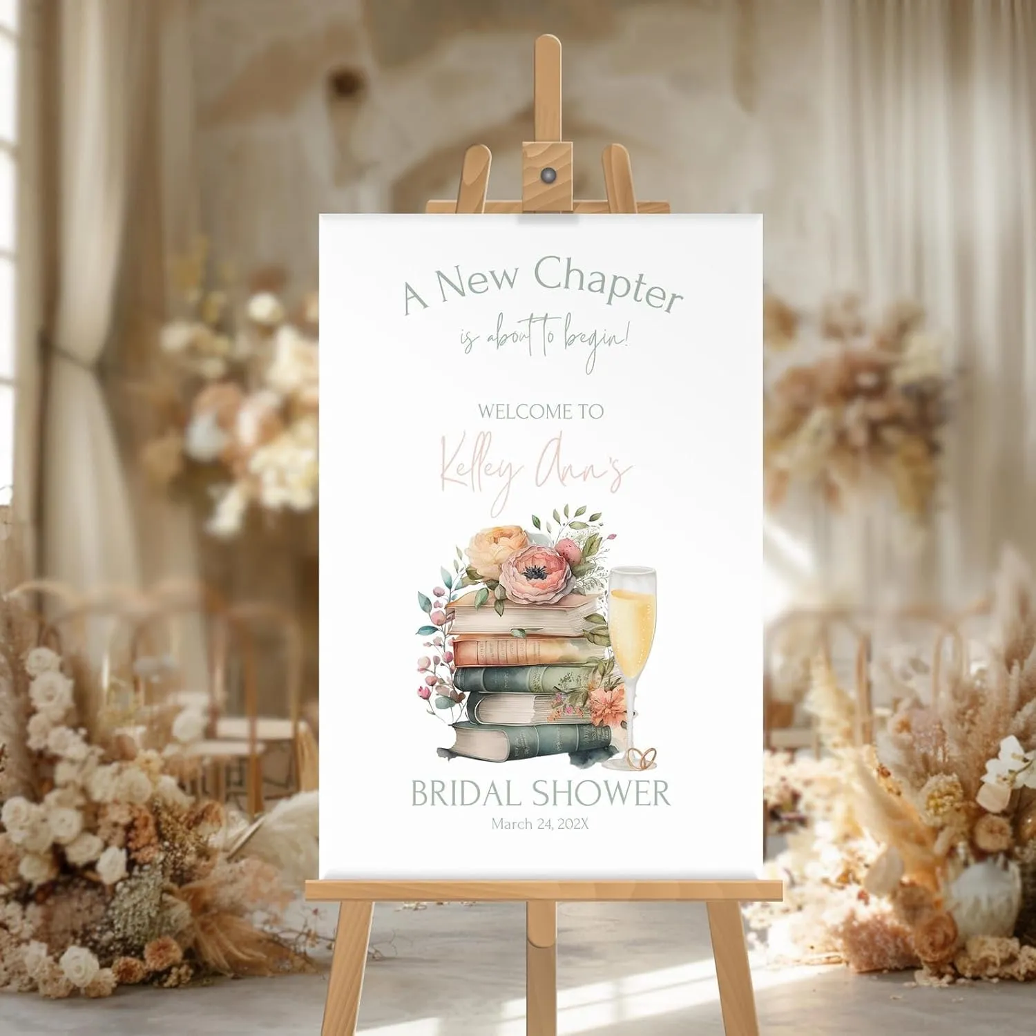 CENOVACY Bridal Shower Welcome Sign Personalized, A New Chapter Begins Bridal Shower Poster Canvas Flowers and Wine Glass