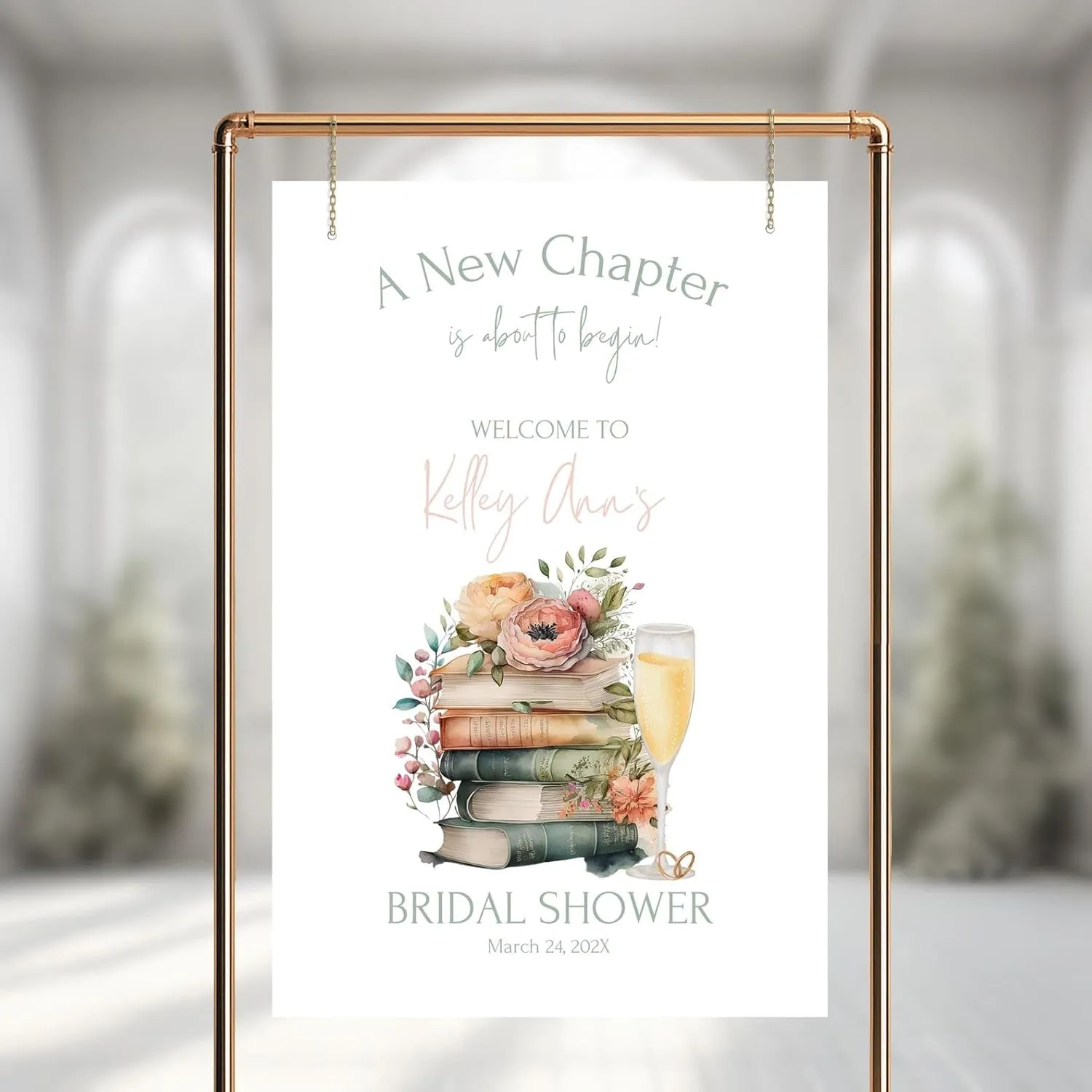 CENOVACY Bridal Shower Welcome Sign Personalized, A New Chapter Begins Bridal Shower Poster Canvas Flowers and Wine Glass