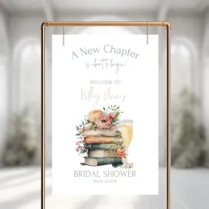 CENOVACY Bridal Shower Welcome Sign Personalized, A New Chapter Begins Bridal Shower Poster Canvas Flowers and Wine Glass