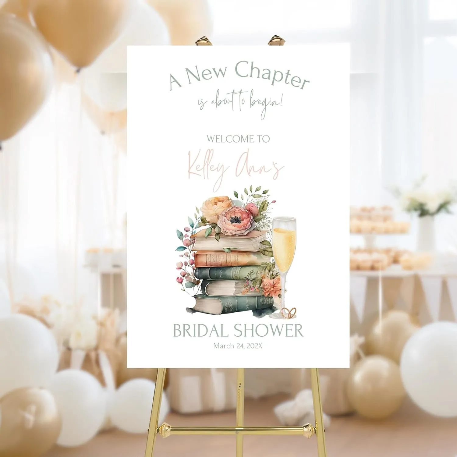 CENOVACY Bridal Shower Welcome Sign Personalized, A New Chapter Begins Bridal Shower Poster Canvas Flowers and Wine Glass