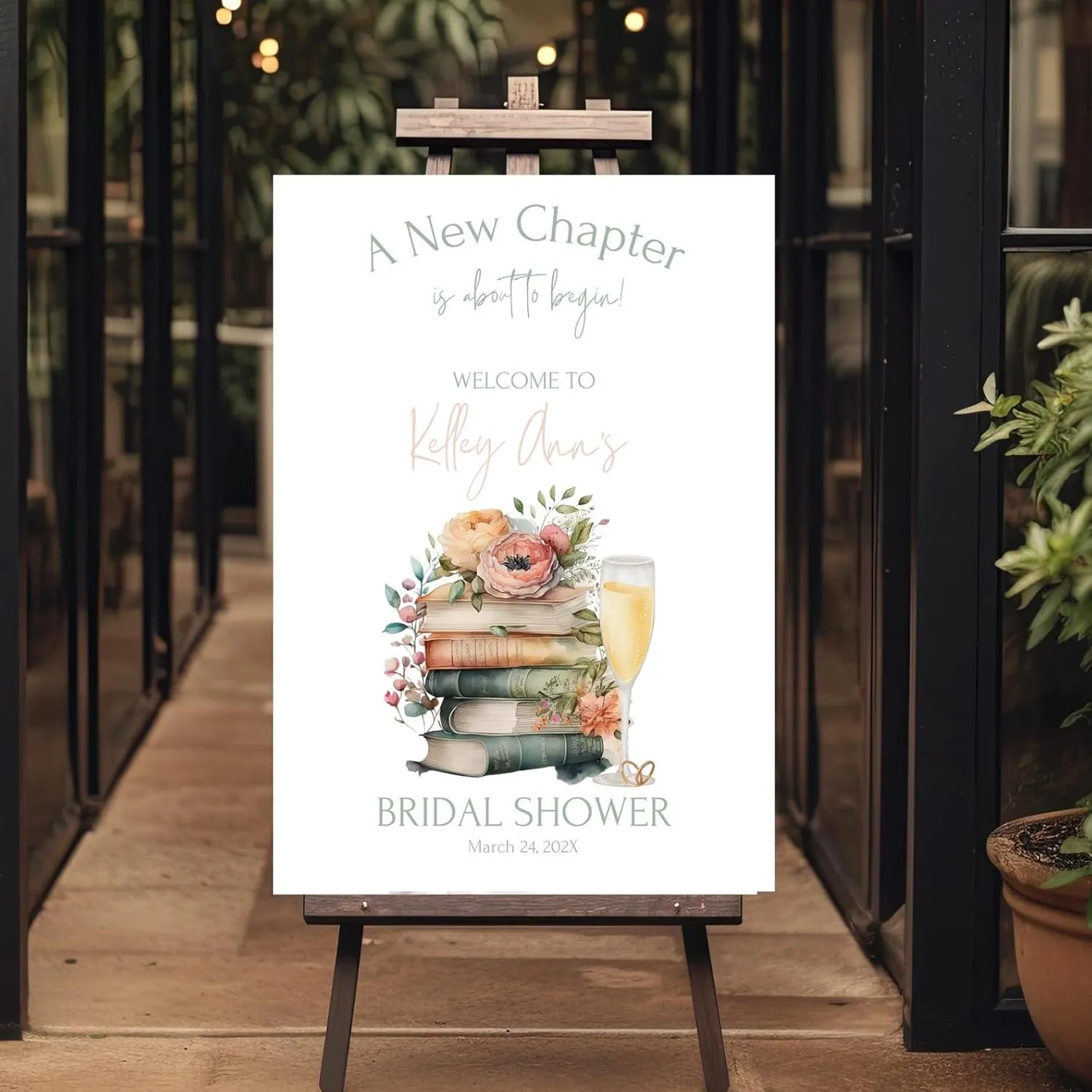 CENOVACY Bridal Shower Welcome Sign Personalized, A New Chapter Begins Bridal Shower Poster Canvas Flowers and Wine Glass