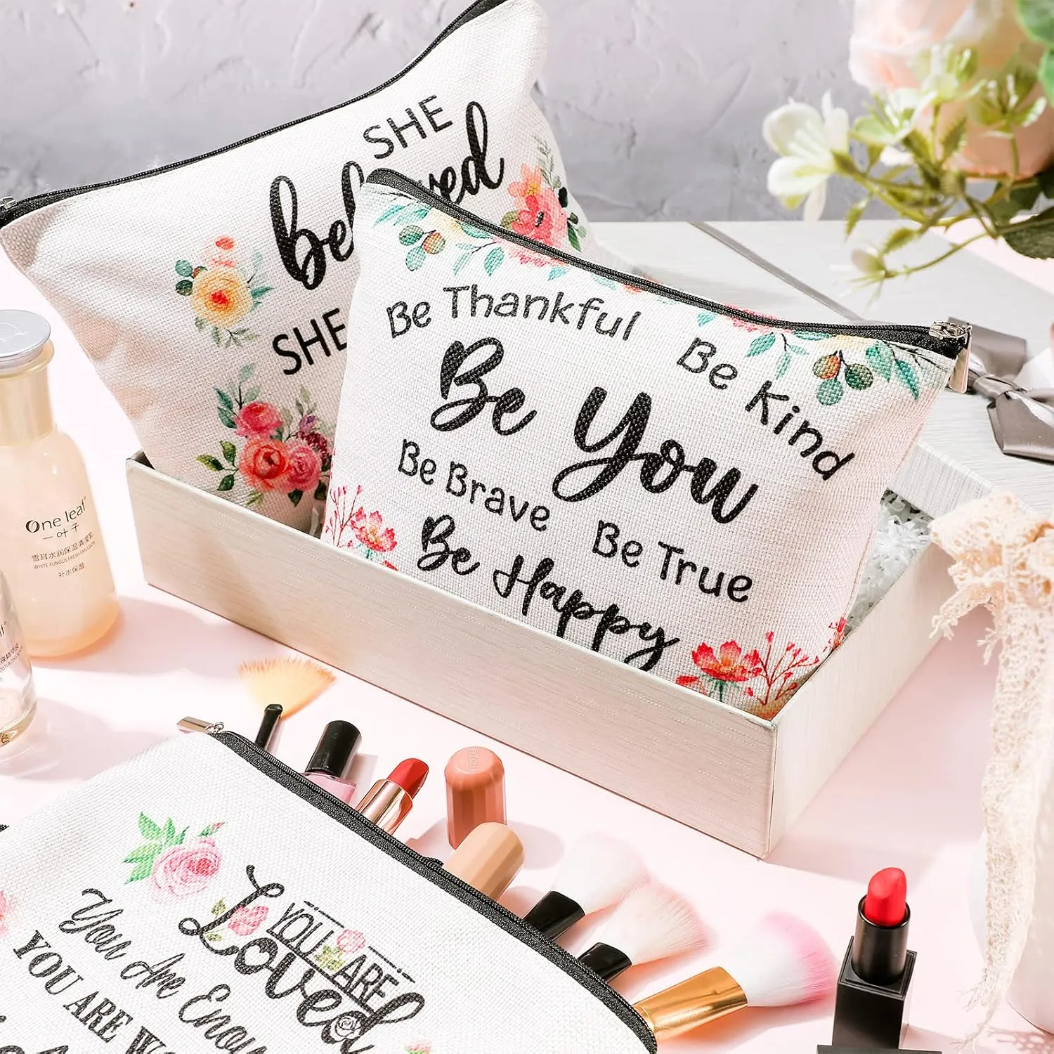 CHENGU 6 Pcs Canvas Rainbow Heart Cosmetic Bags, Inspirational Gifts for Women, Believe in Yourself Motivational Quotes Makeup Bag for Women Birthday Friend Teacher Graduation New Year Party(Floral)
