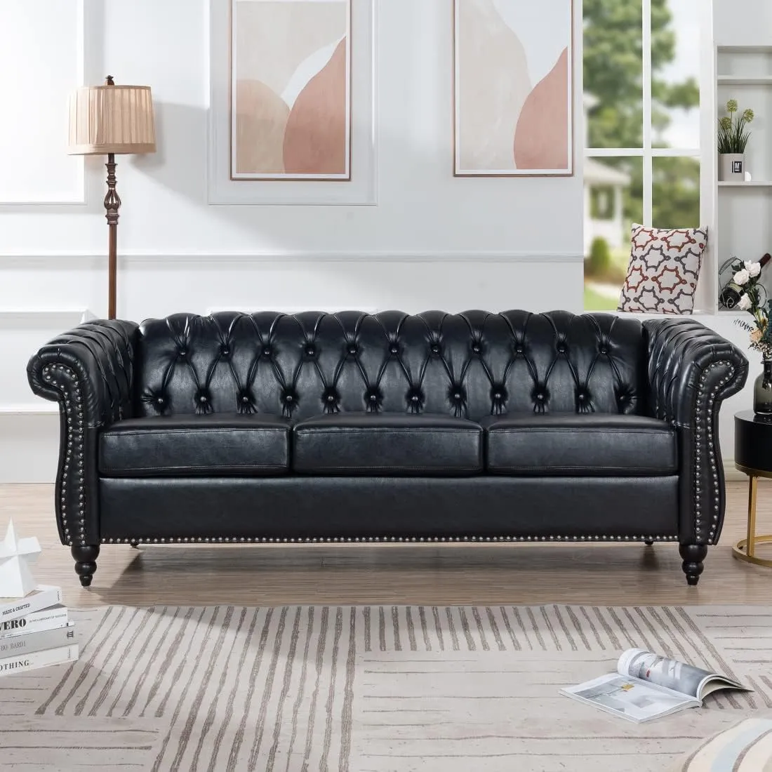 Chesterfield Luxury PU Leather 3 Seater Sofa Couch,Classic Tufted Button and Nailhead Rolled Arm for Office Living Room,Black