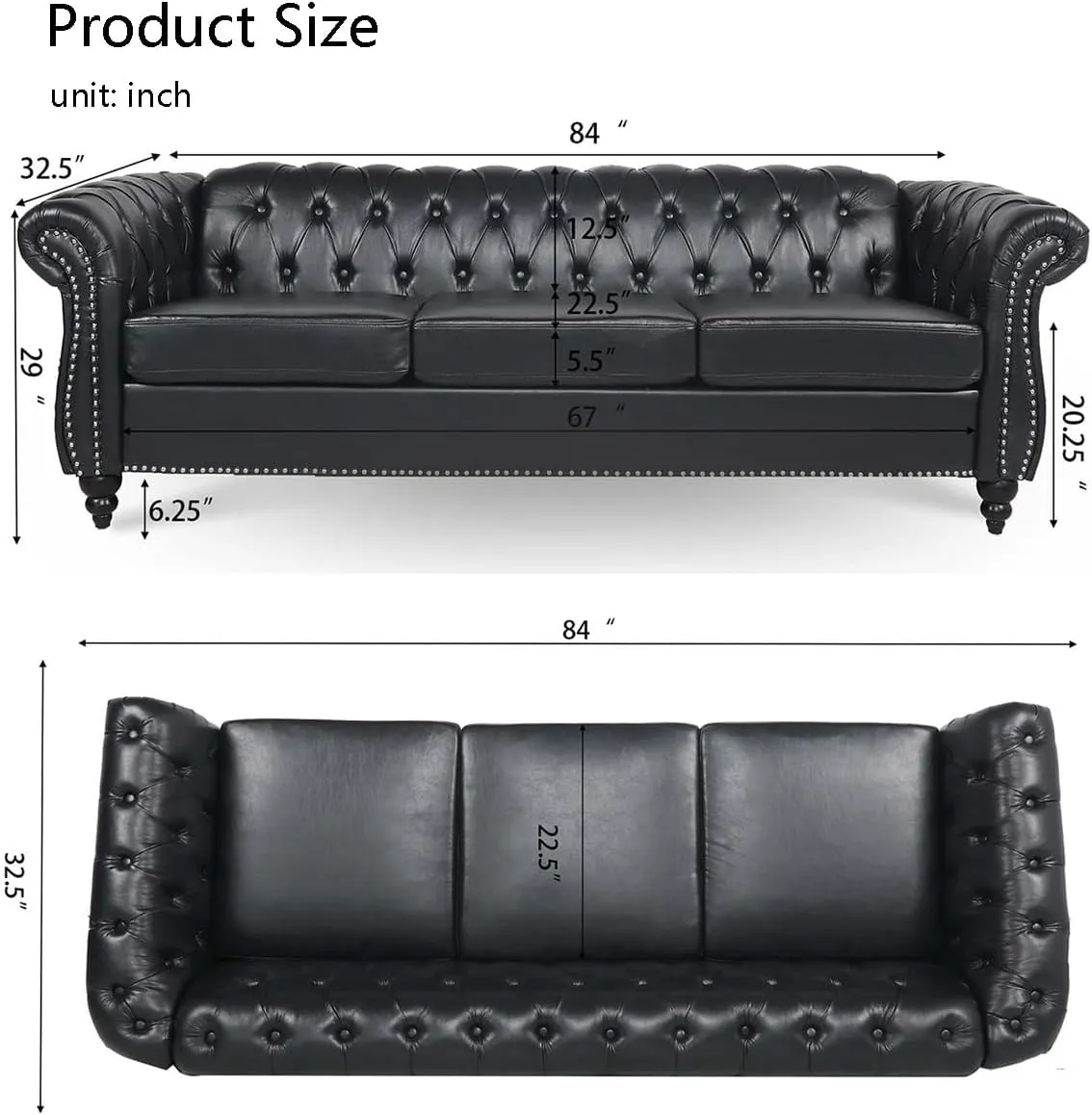 Chesterfield Luxury PU Leather 3 Seater Sofa Couch,Classic Tufted Button and Nailhead Rolled Arm for Office Living Room,Black