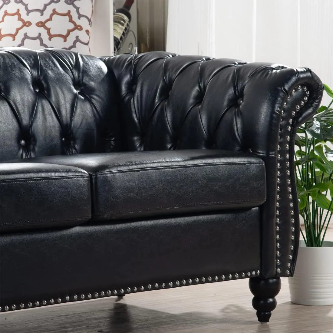 Chesterfield Luxury PU Leather 3 Seater Sofa Couch,Classic Tufted Button and Nailhead Rolled Arm for Office Living Room,Black