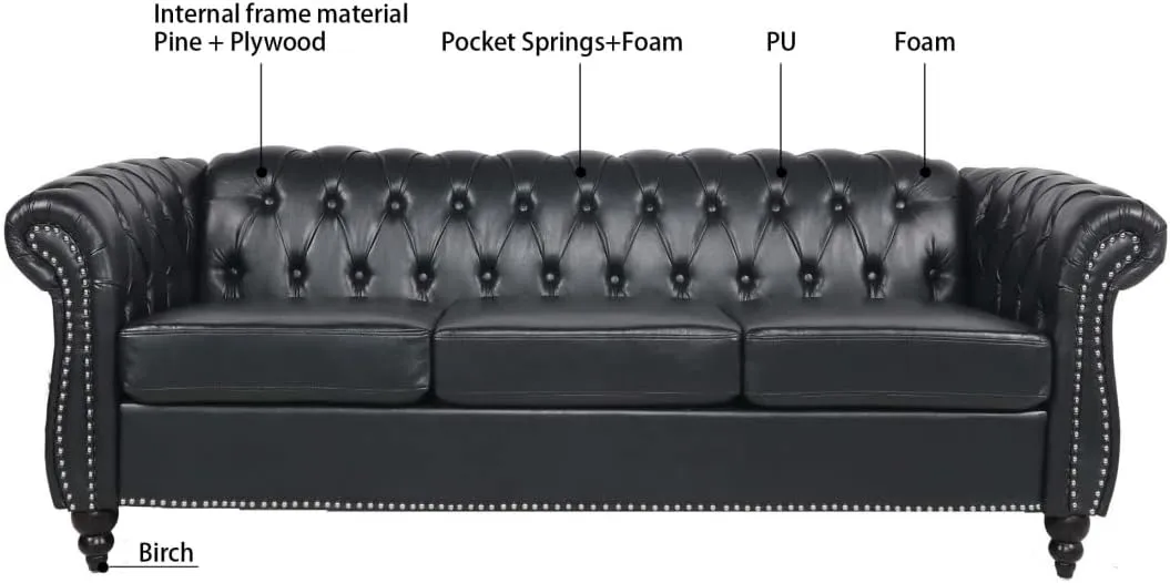 Chesterfield Luxury PU Leather 3 Seater Sofa Couch,Classic Tufted Button and Nailhead Rolled Arm for Office Living Room,Black