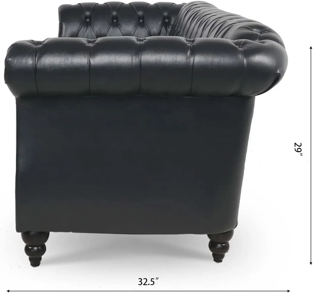 Chesterfield Luxury PU Leather 3 Seater Sofa Couch,Classic Tufted Button and Nailhead Rolled Arm for Office Living Room,Black