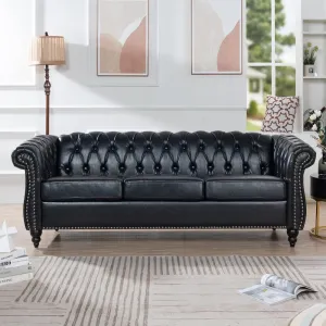 Chesterfield Luxury PU Leather 3 Seater Sofa Couch,Classic Tufted Button and Nailhead Rolled Arm for Office Living Room,Black